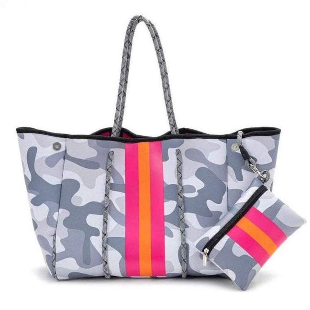 Grey Camo w/ Orange & Pink Stripe Neoprene Tote Bag